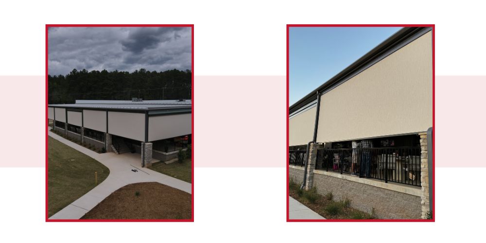 residential-home-retractable-awnings-irmo-columbia-sc (1) 2 images showing a business with roller shades.