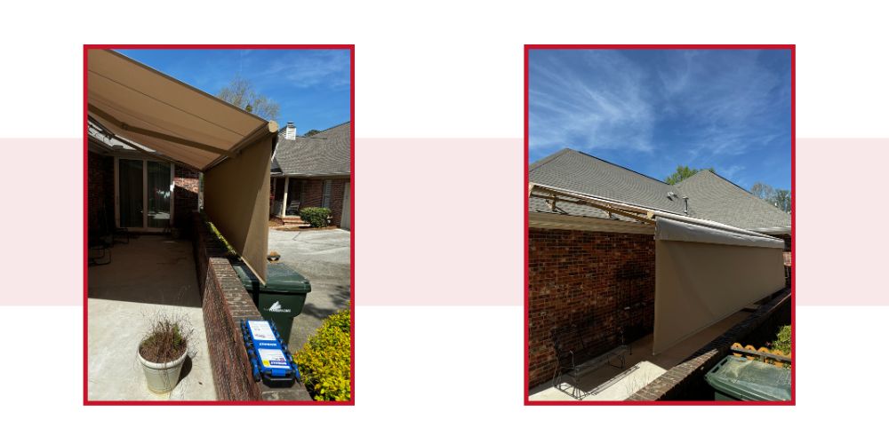 residential-home-retractable-awnings-irmo-columbia-sc 2 images showing homes with retractable awnings.